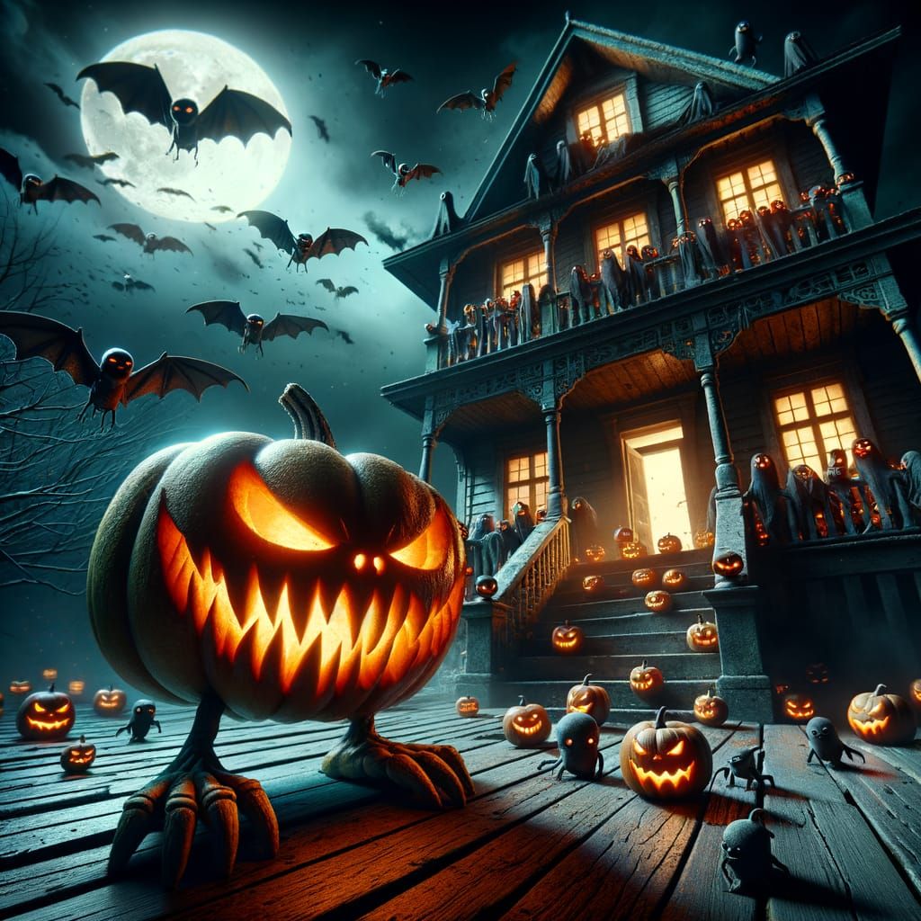 Spooky Pumpkin House with Flying Costumed Figures