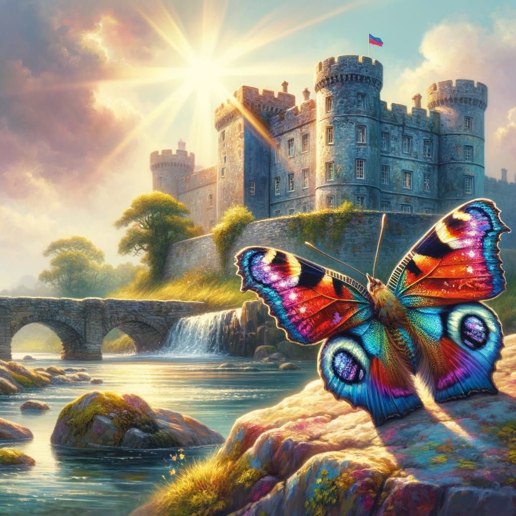 Rainbow Butterfly Enchants Majestic Castle on Sunny Day