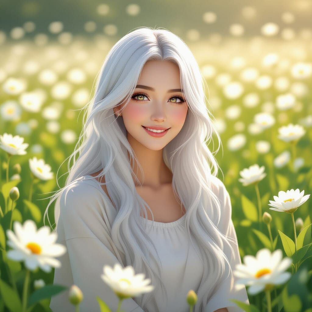 Woman in White Amidst Glowing Flowers, Anime Style