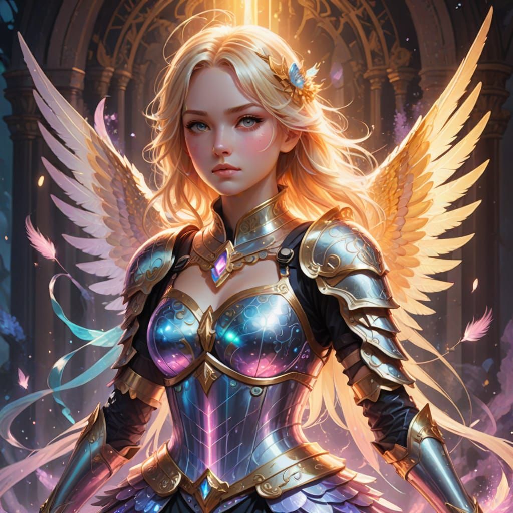 Whimsical Fantasy Warrior with Glowing Aura and Pastel Armor