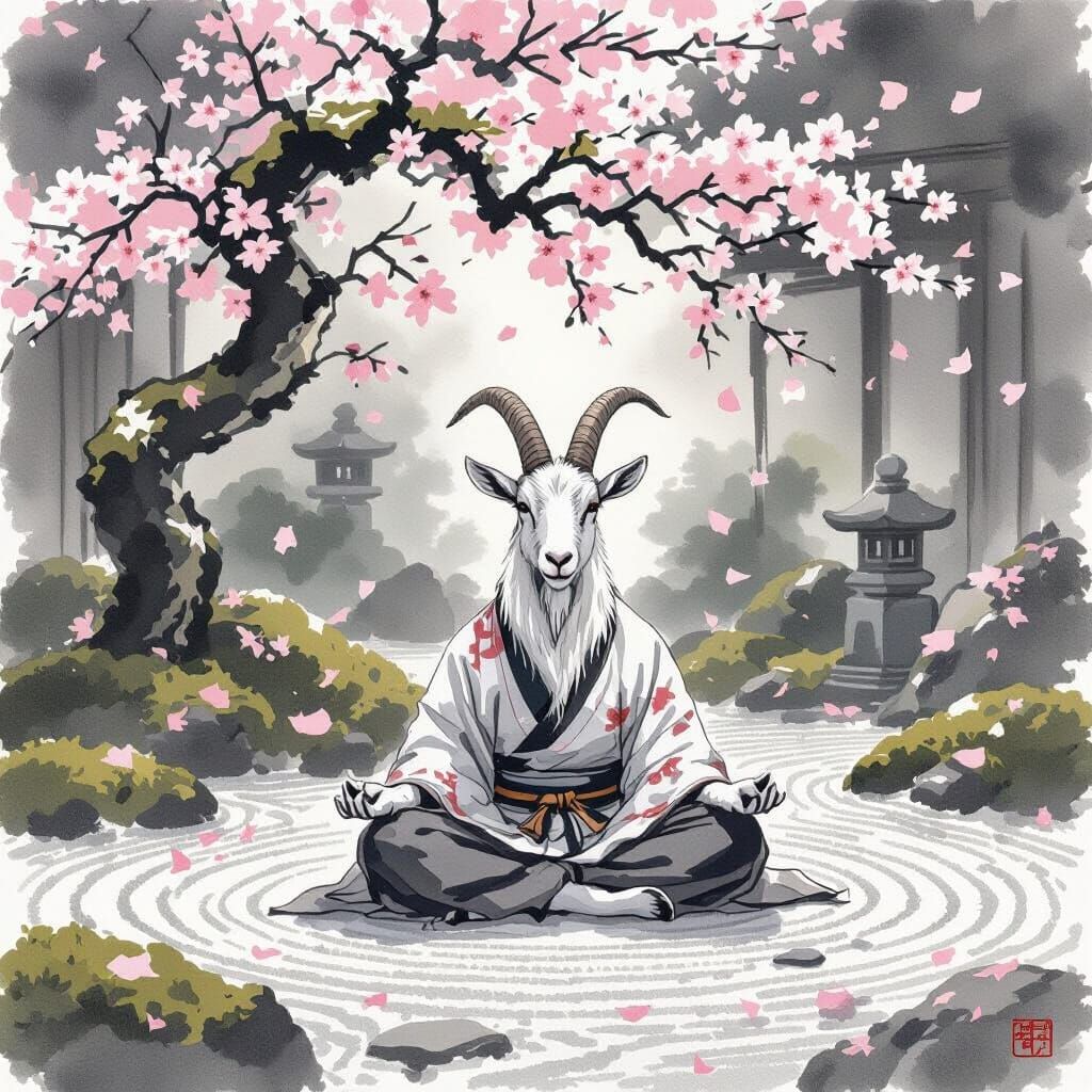 Zen Garden Goat in Sumi-e Ink Wash Style