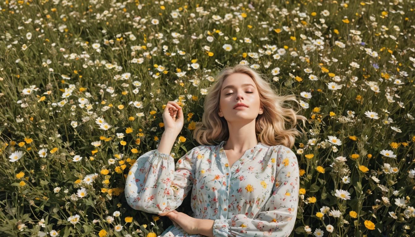 Blonde Woman in a Blooming Flower Field