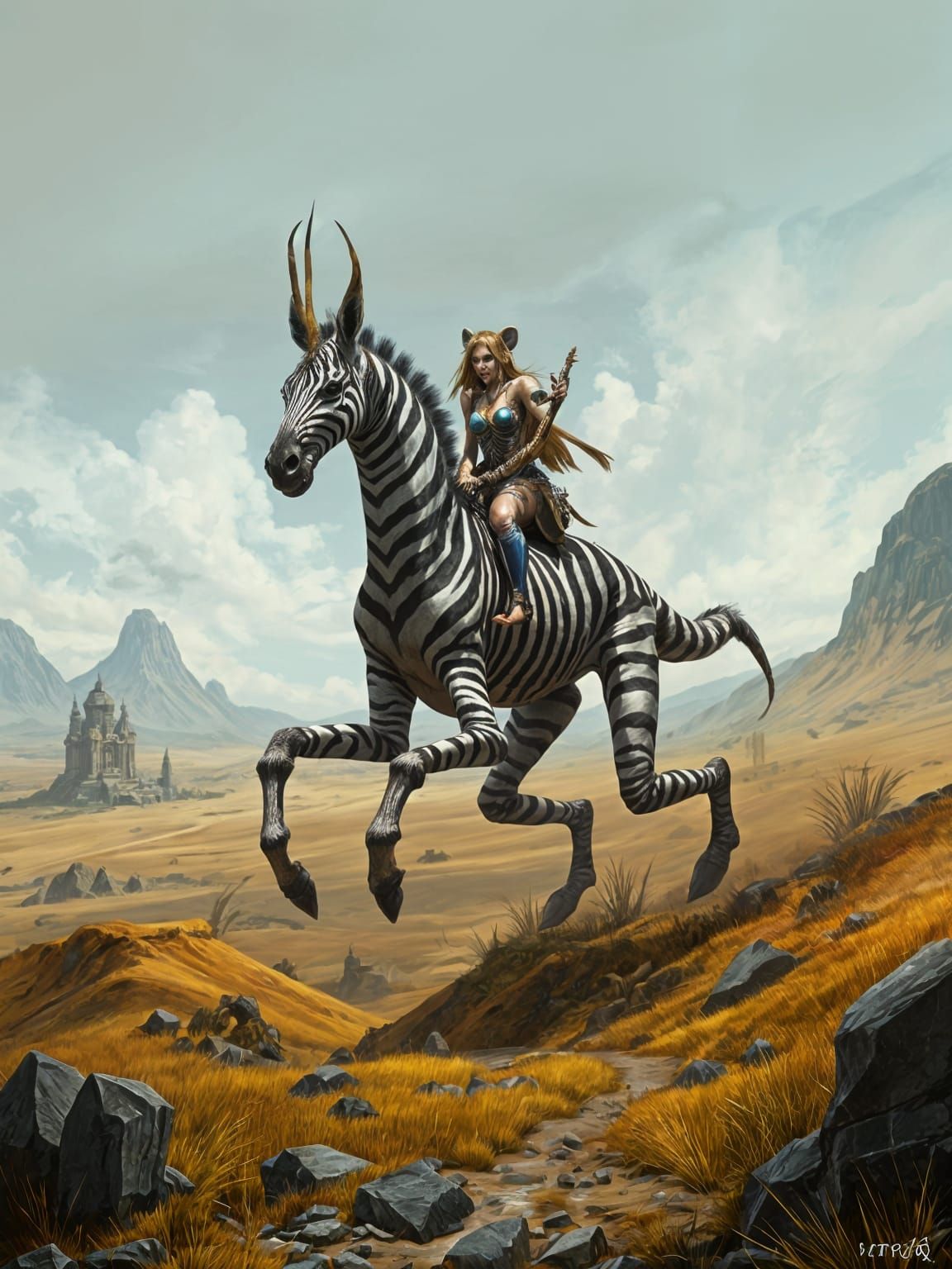 Fantasy Warrior Rides Zebra-Mantis Hybrid Creature