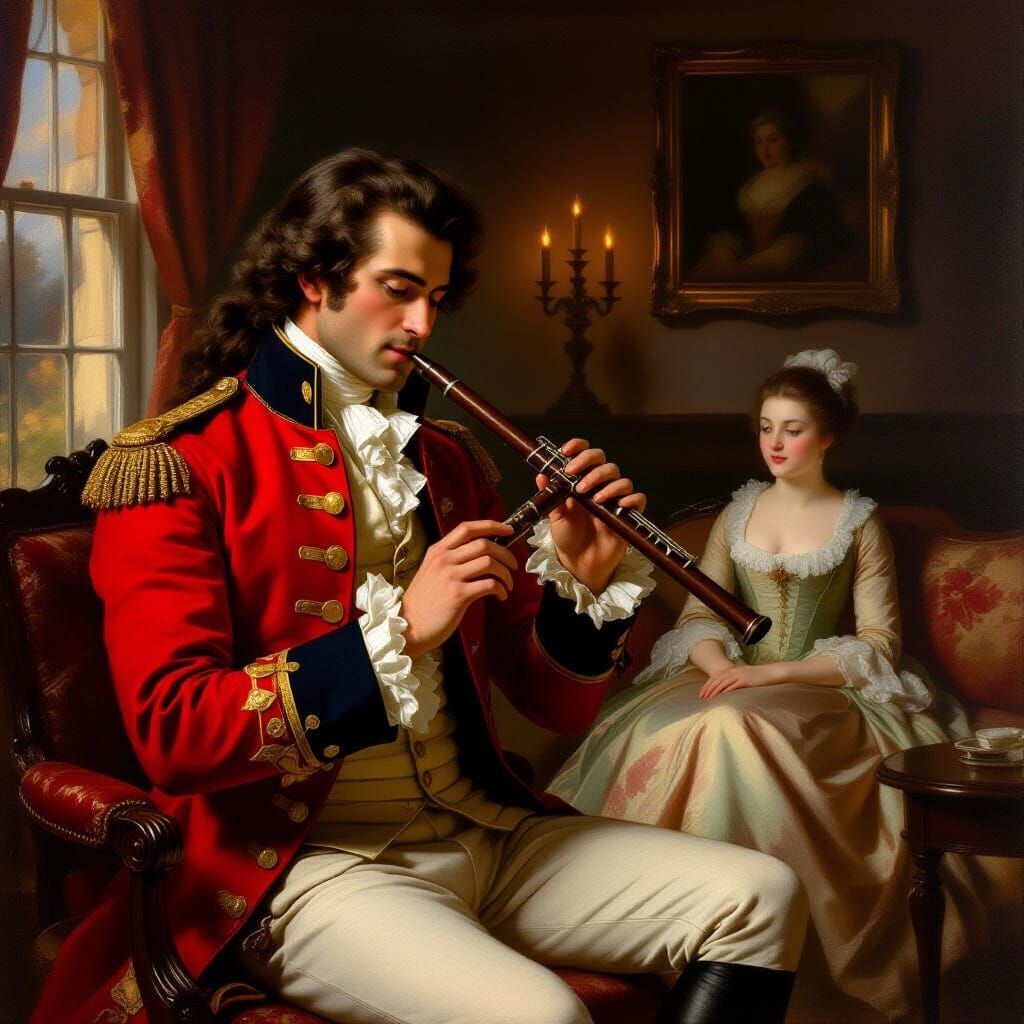 Officer Plays Flute in Firelit Parlor Oil Painting