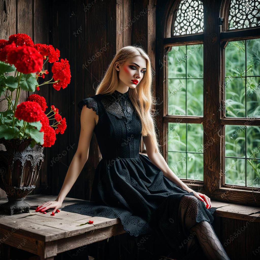 Teenager in Black Dress with Red Geraniums