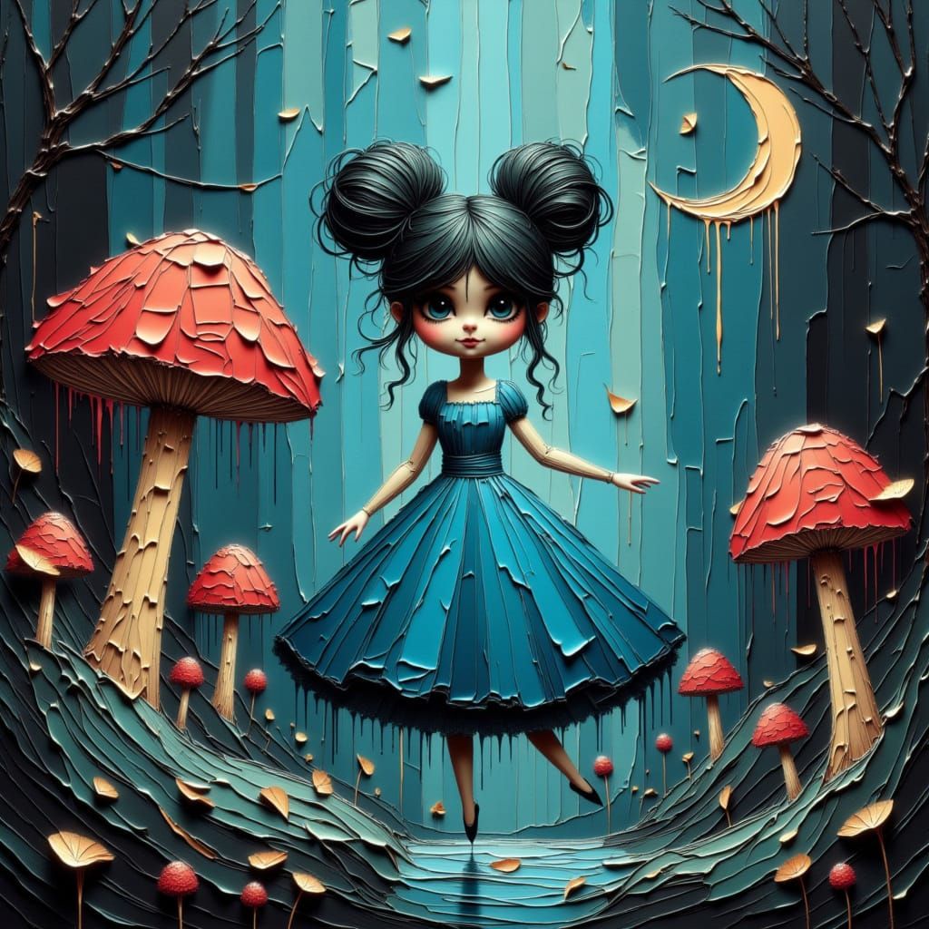 Sinister Alice in Bioluminescent Forest, Dark Fantasy Style