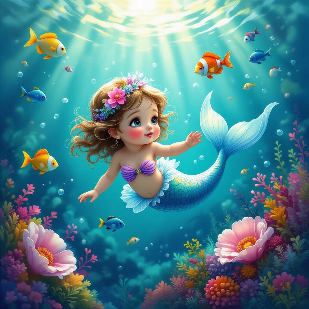 Newborn Merbaby in Oceanic Depths: Fantasy Art
