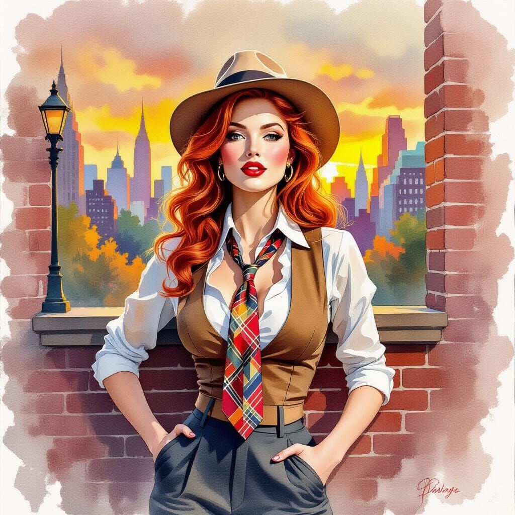 Pin-up Woman in 1970s Style Watercolor