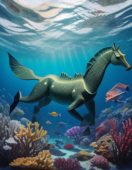 Cubist Seahorse in Molten Gold Kelp Forest