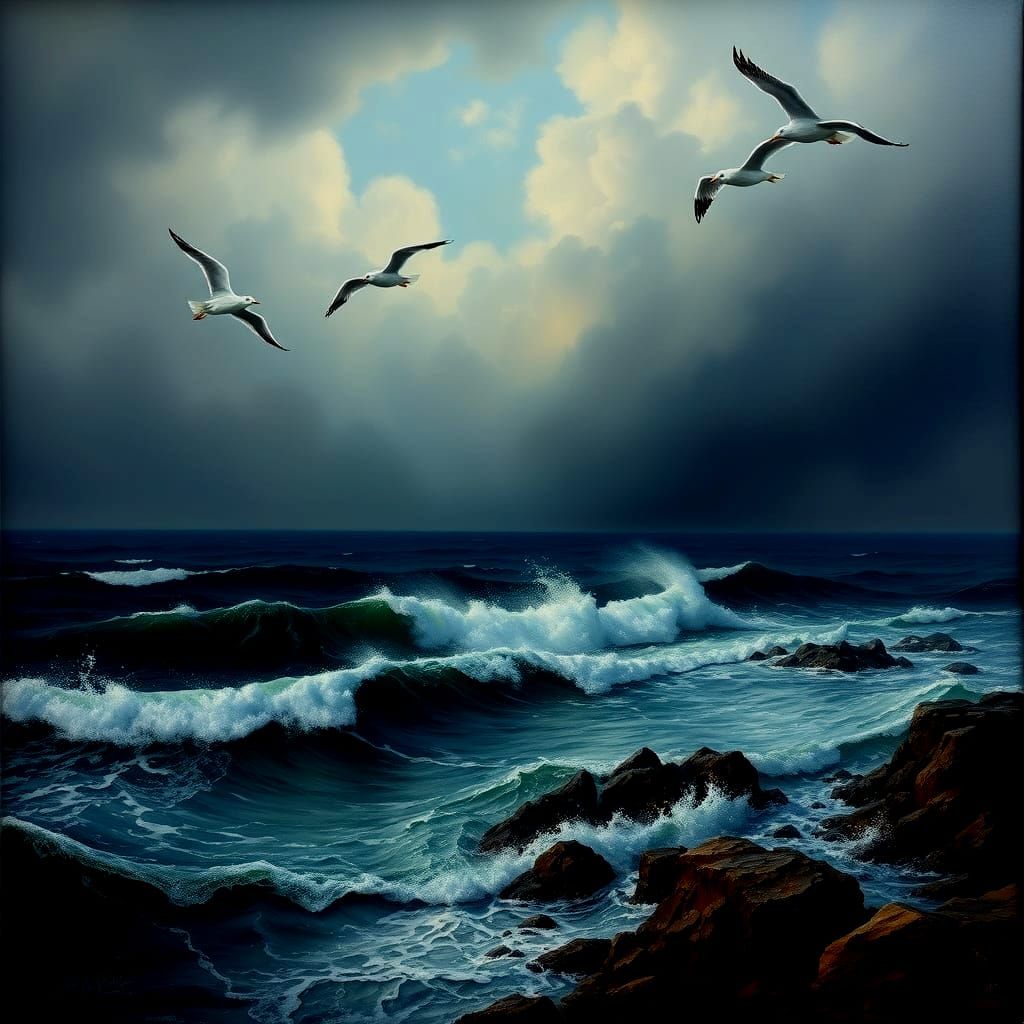 Surreal Atlantic Landscape with Seagulls in Watercolor Style