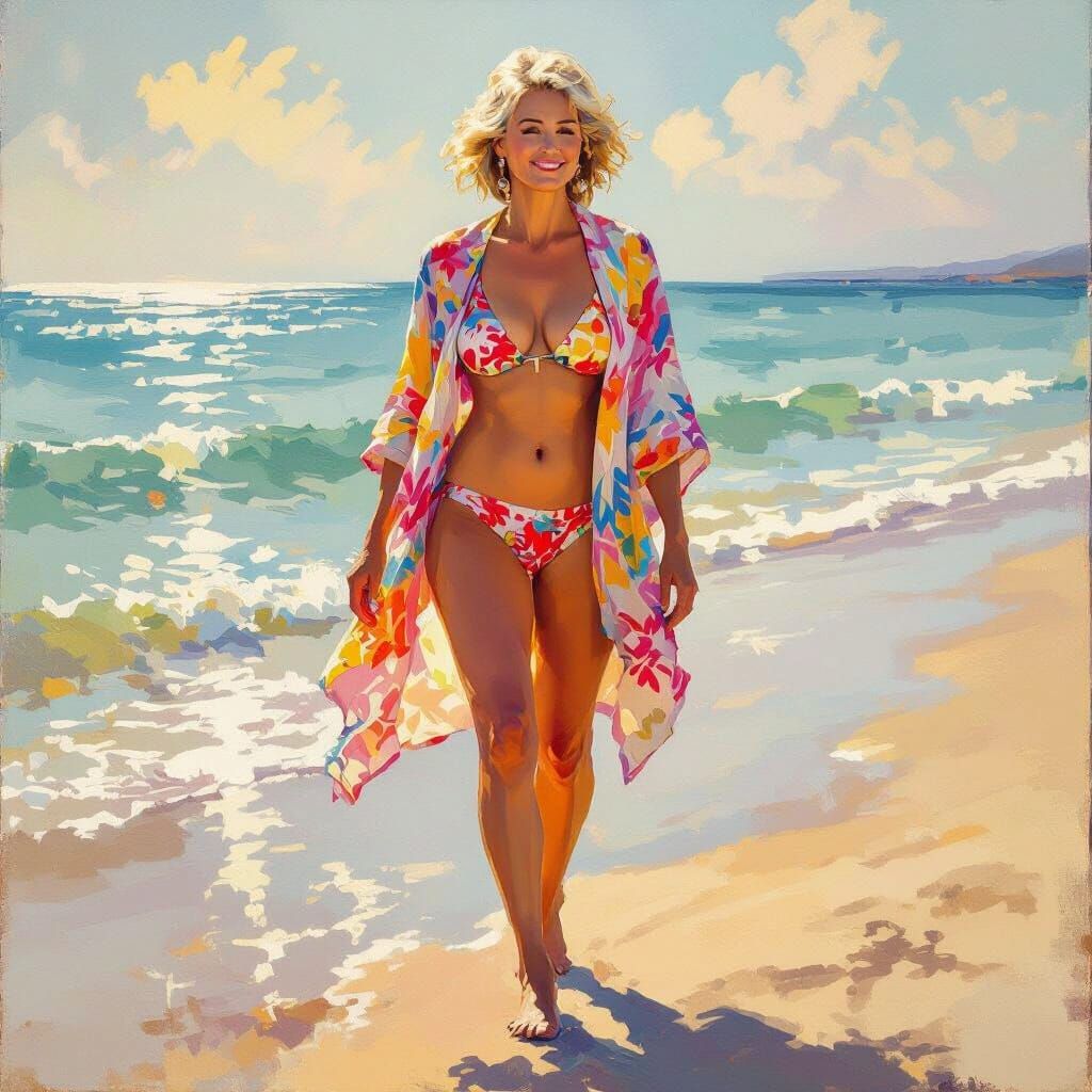 Impressionistic Woman Strolls on Sunny Beach