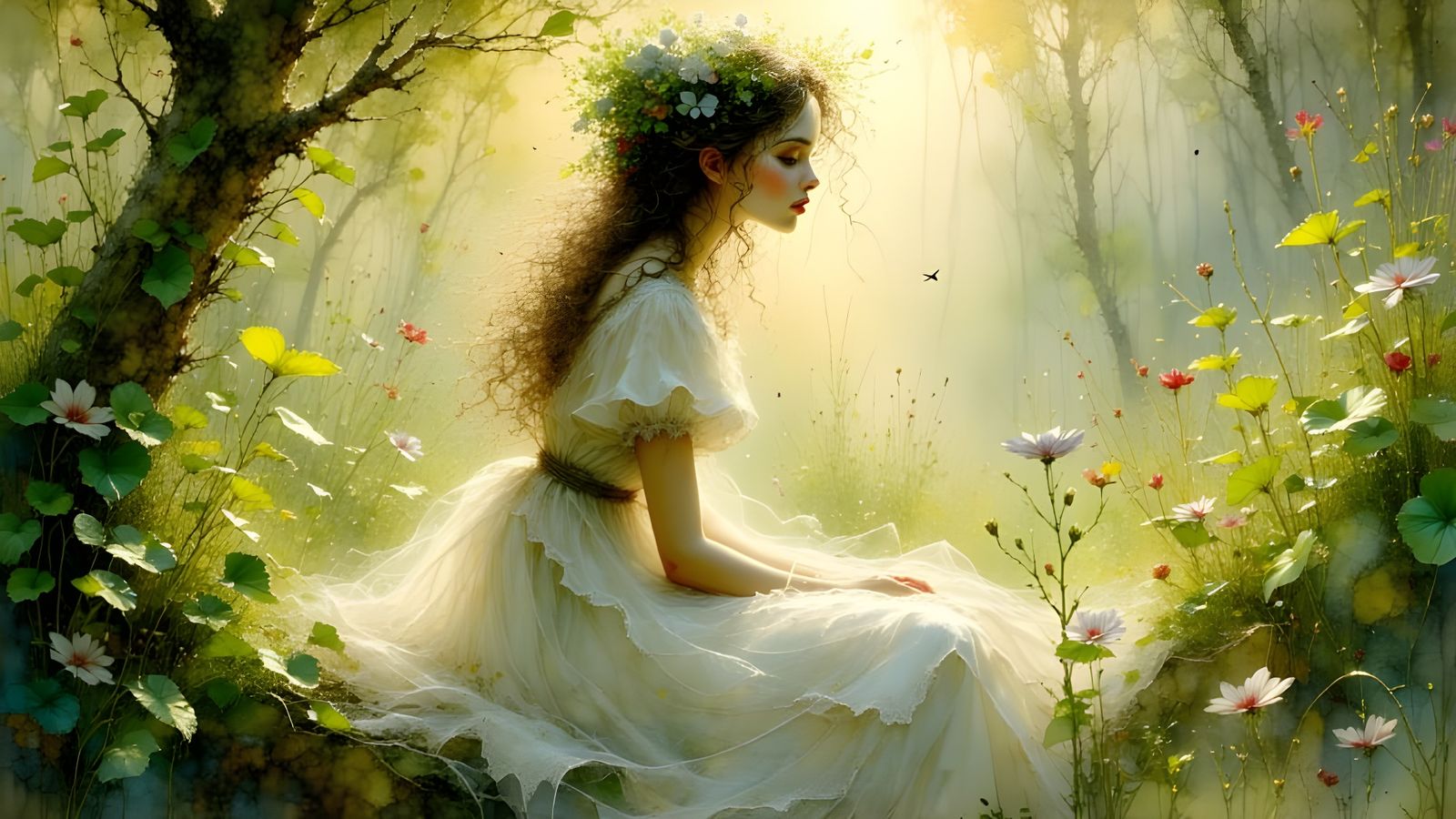 Ethereal Vine Goddess in Photorealistic Pre-Raphaelite Style