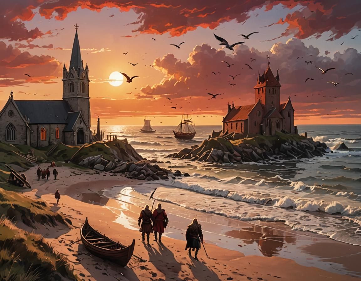 Vikings Landing at Sunset on a British Coast