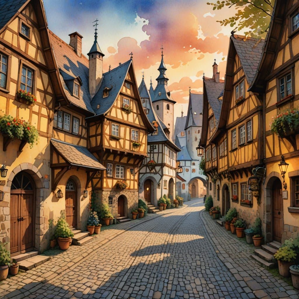 Charming German Village in Watercolor Style