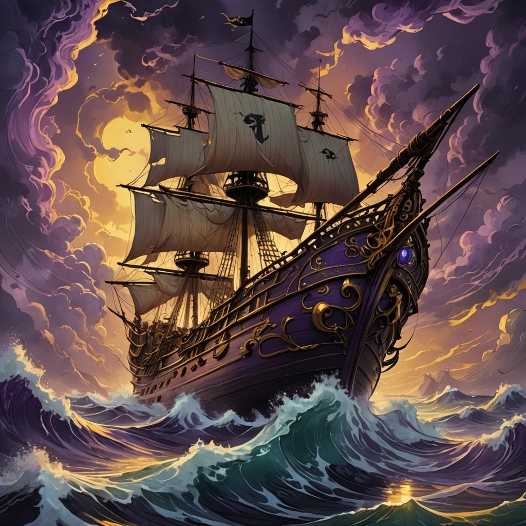 Pirate Ship in Stormy Seas: Dark Fantasy Concept Art