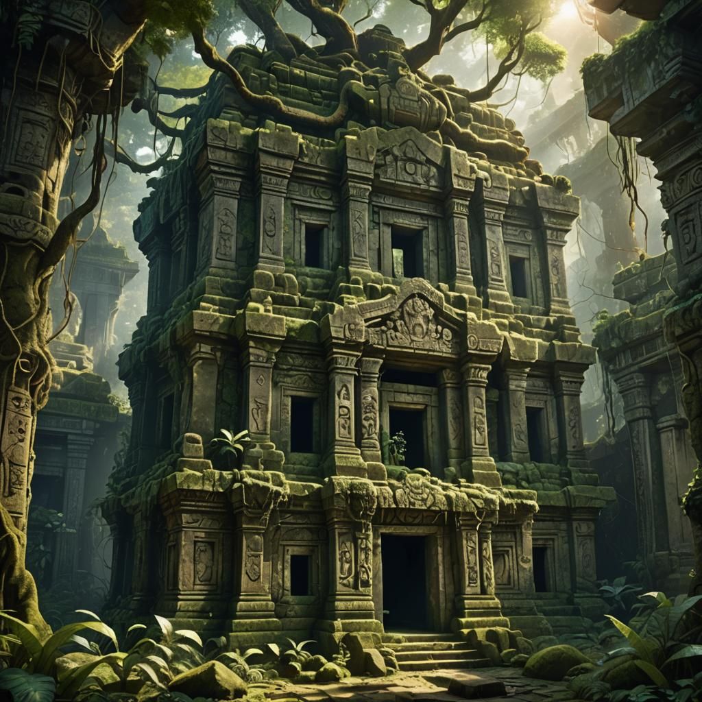 Overgrown Ancient Jungle Temple Ruins in Detailed Matte Pain...