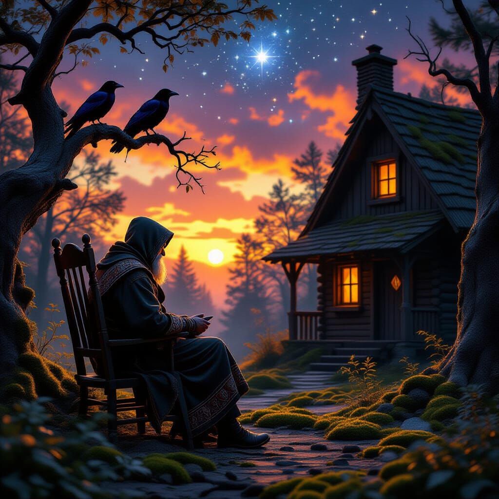 Ancient Storyteller, Raven, and Mossy Cottage at Twilight