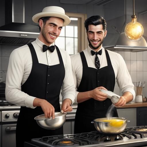 Laughing Italian Men Frying Eggs in Vintage Photo