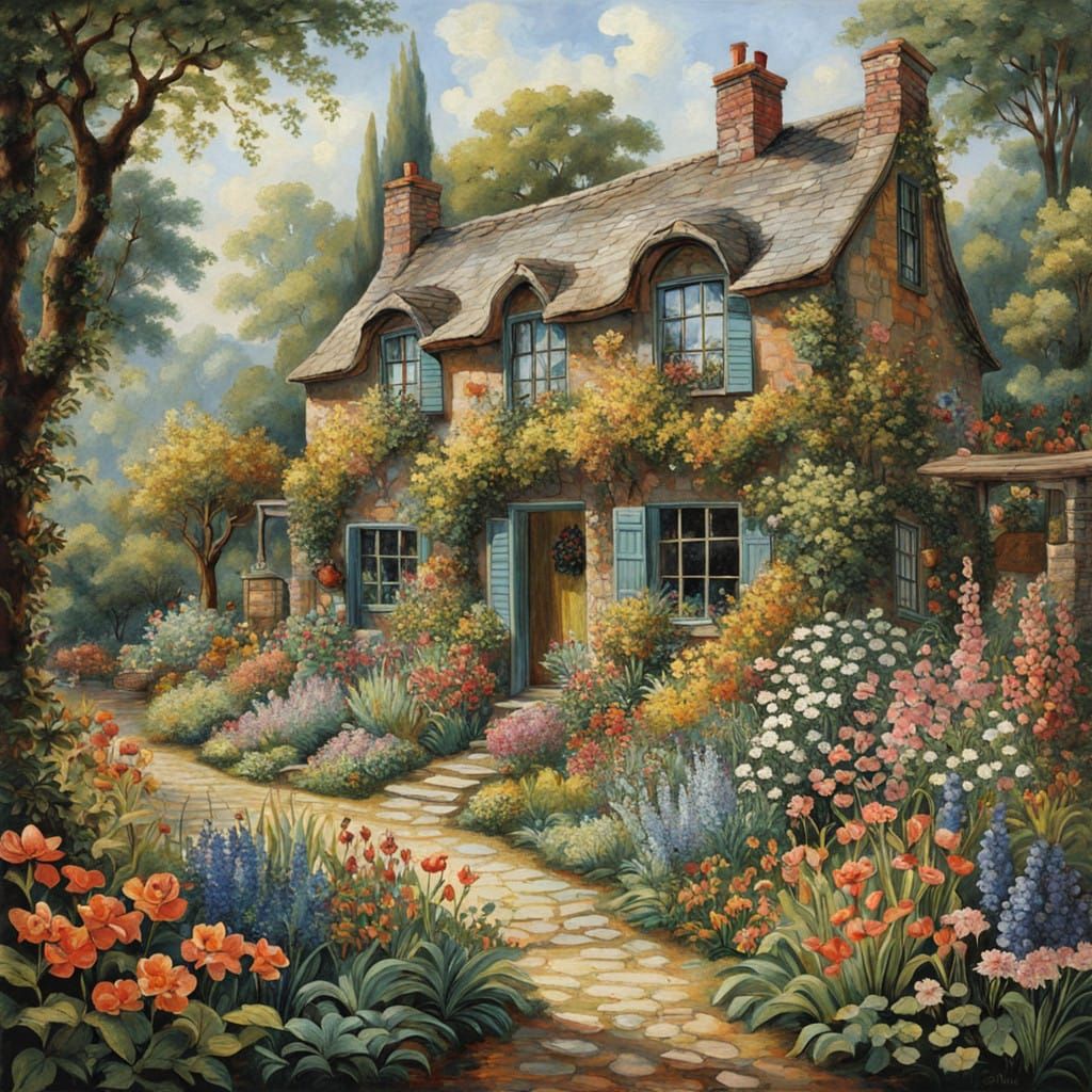 Rustic Woodland Cottage in Vibrant Floral Tapestry