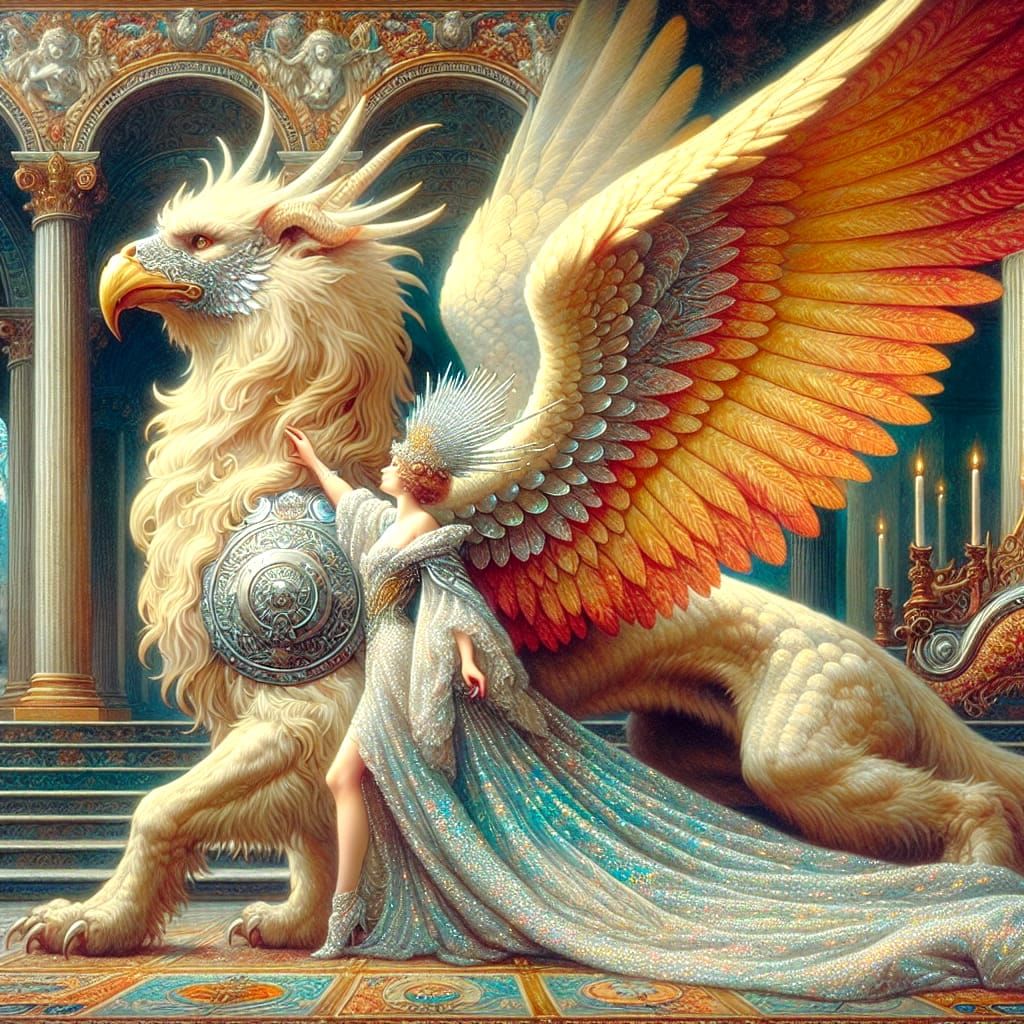 Regal Queen Strokes Armoured Griffon in Starlight Gown