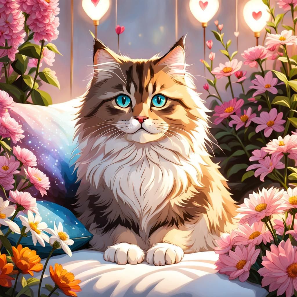 Cute Siberian Cat Surrounded by Flowers