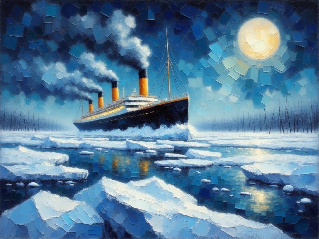 Titanic in Ice Flow: Watercolour Impasto Style