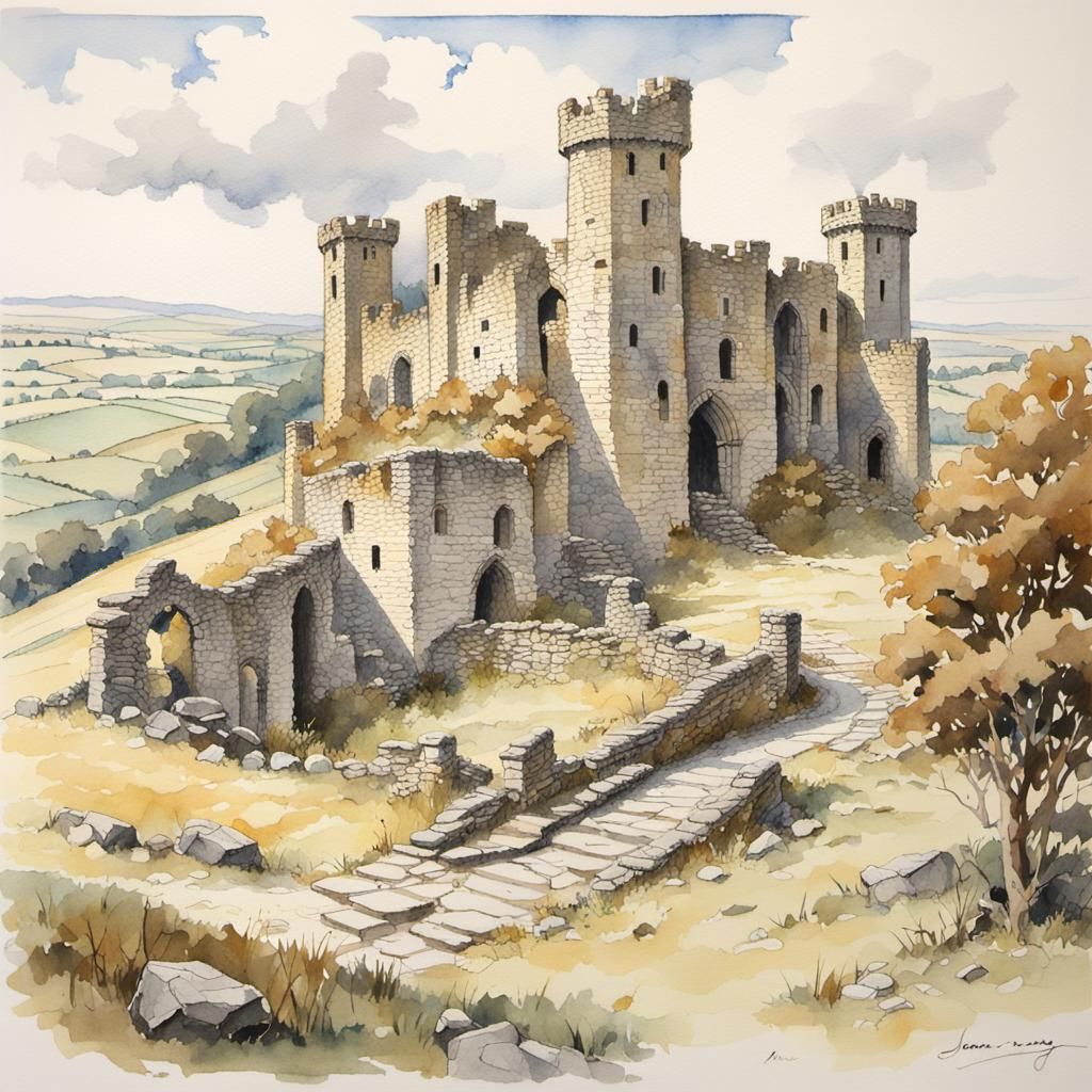 Castle Ruins in Watercolor Landscape