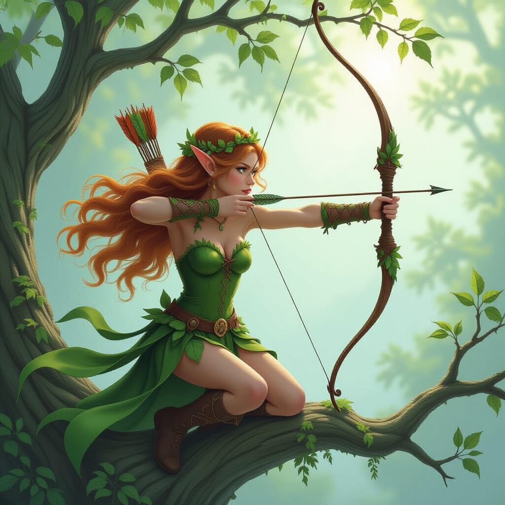 Elf Archer in Ethereal Mist with Leafy Attire