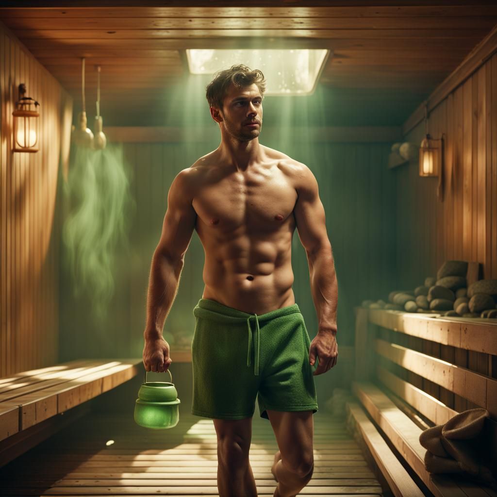Athletic Man Sweating in Sauna: Detailed Matte Painting
