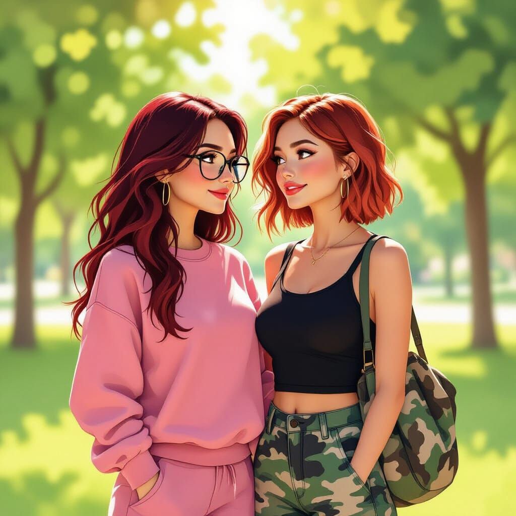 Couple in Pink and Camo in Sunlit Park