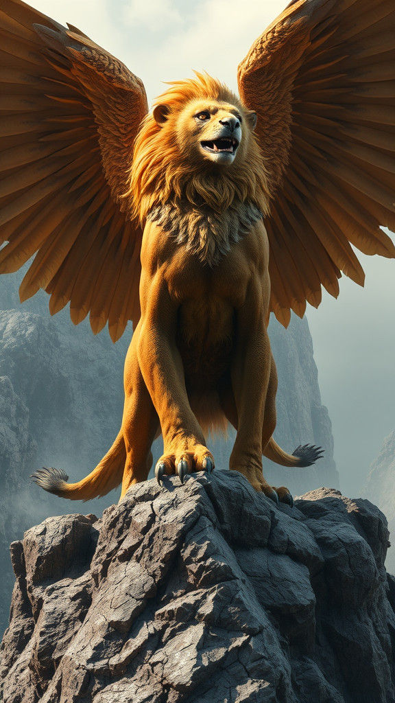 Majestic Lion-Eagle Hybrid on Rocky Outcrop