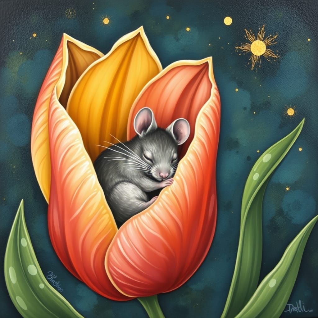 Mouse in an Art Deco Tulip Scene