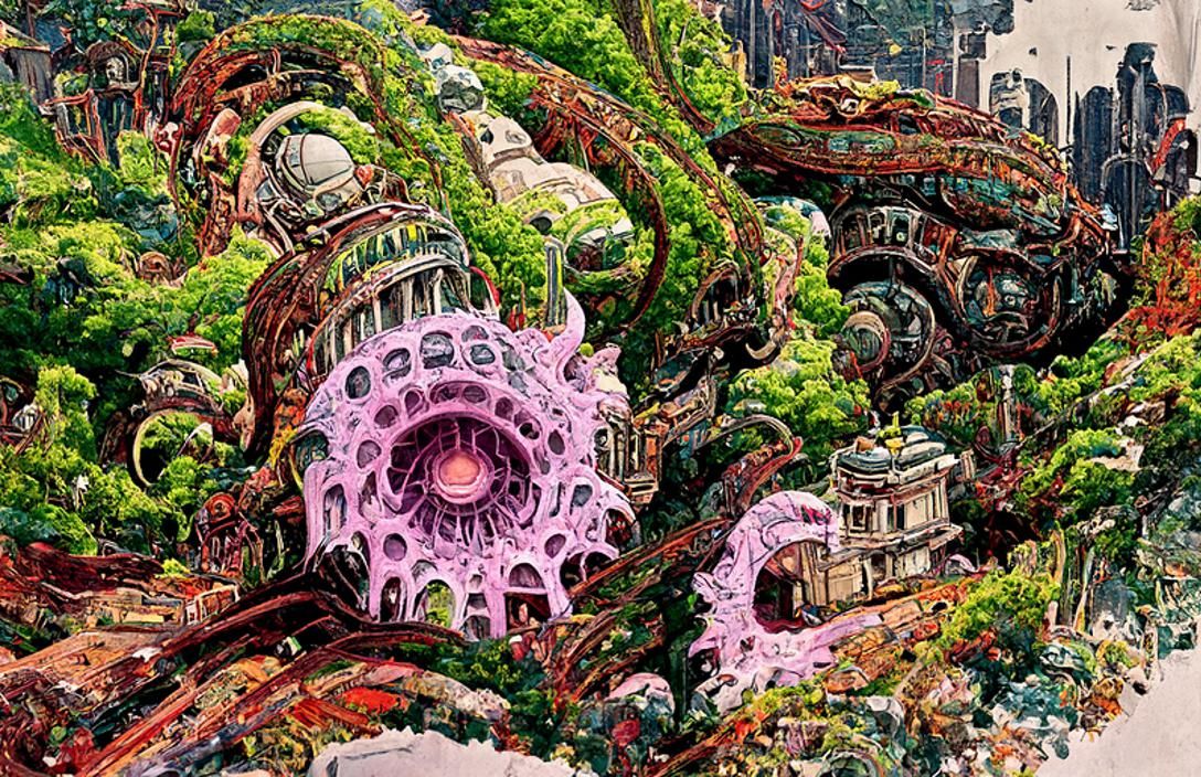 A Strange Heavenly Temple in a Kinetic Pointillism style