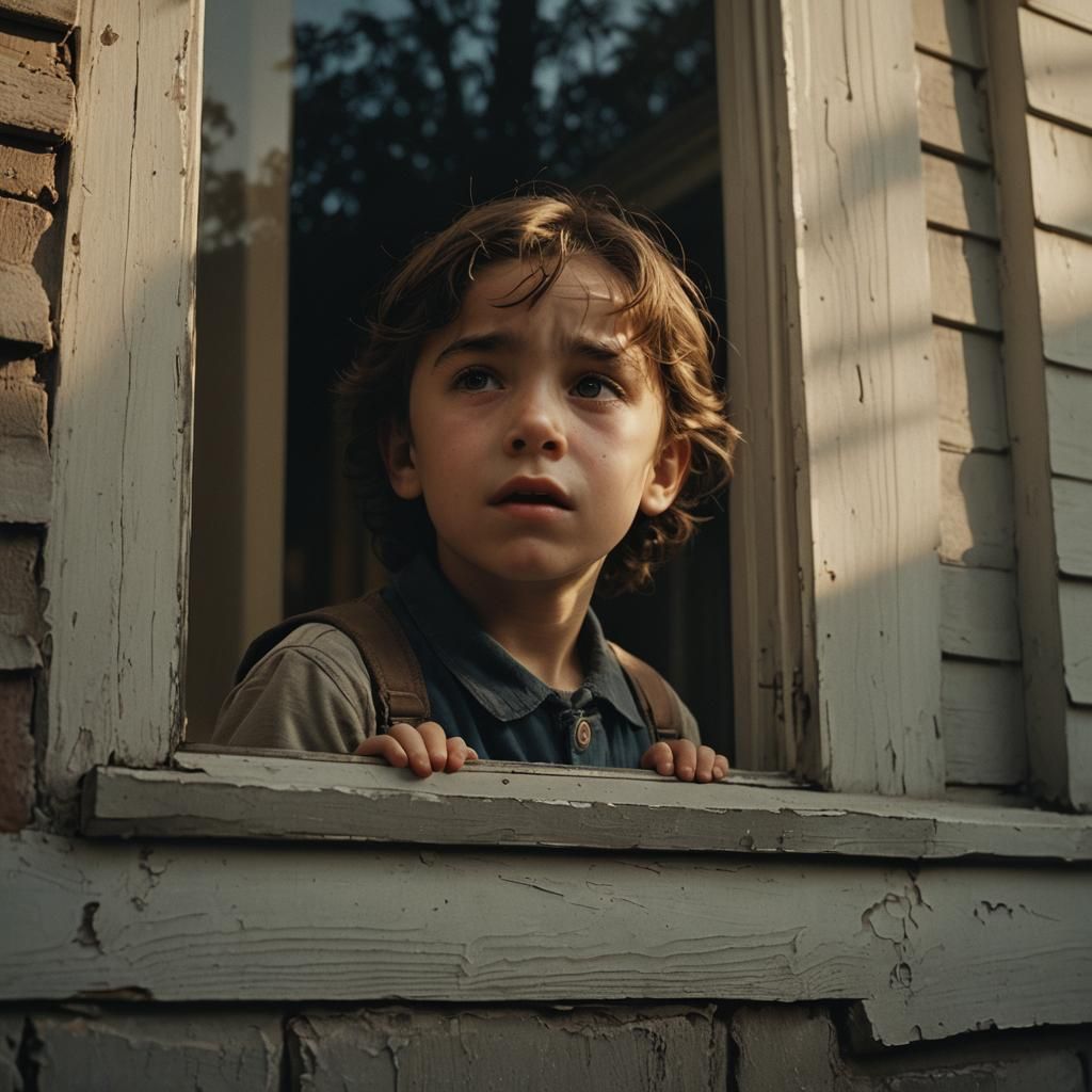 Poignant Film Still: Child Crying in Window