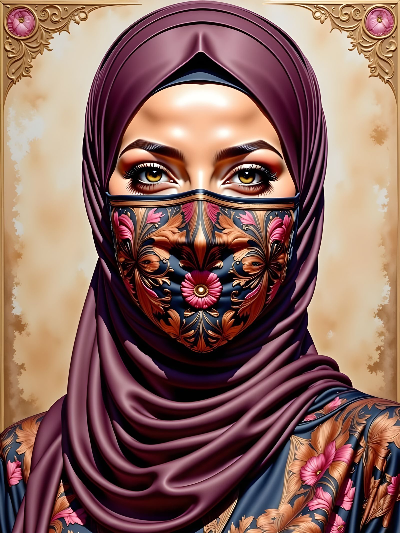 Elegant Woman in Hijab and Facemask, Oil-Guache Style