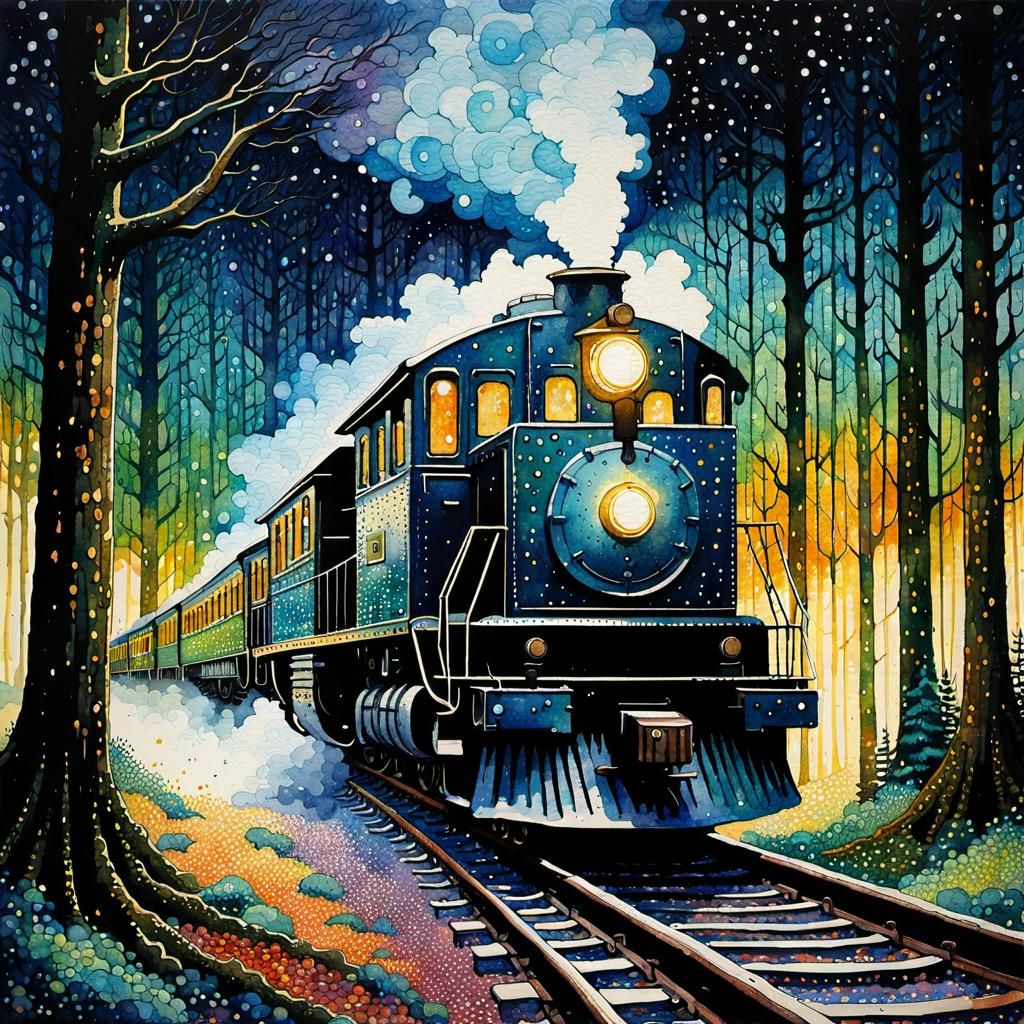 Magical Train in Midnight Forest, Watercolor Style