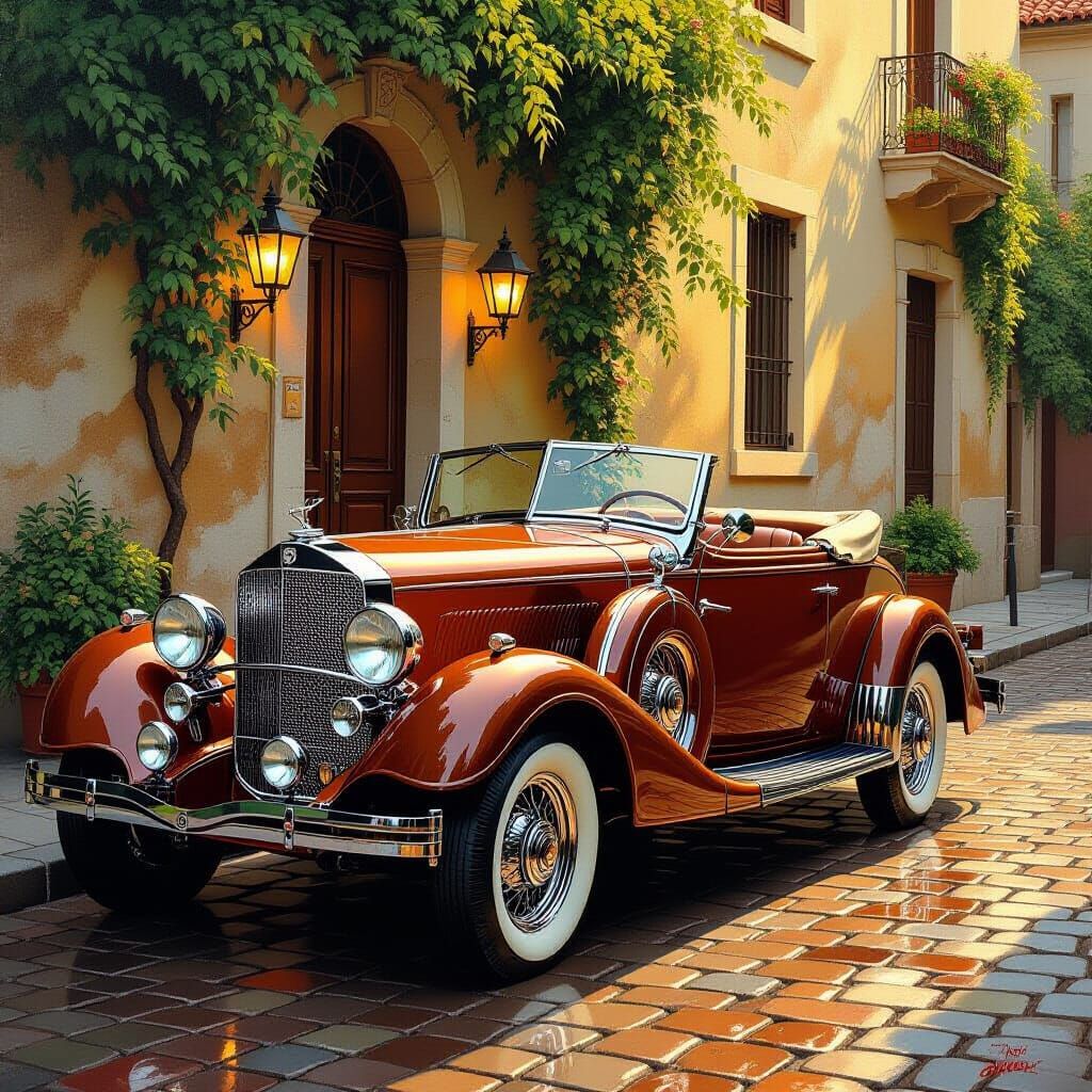 Vintage Car on Cobblestone Street in Photorealistic Style