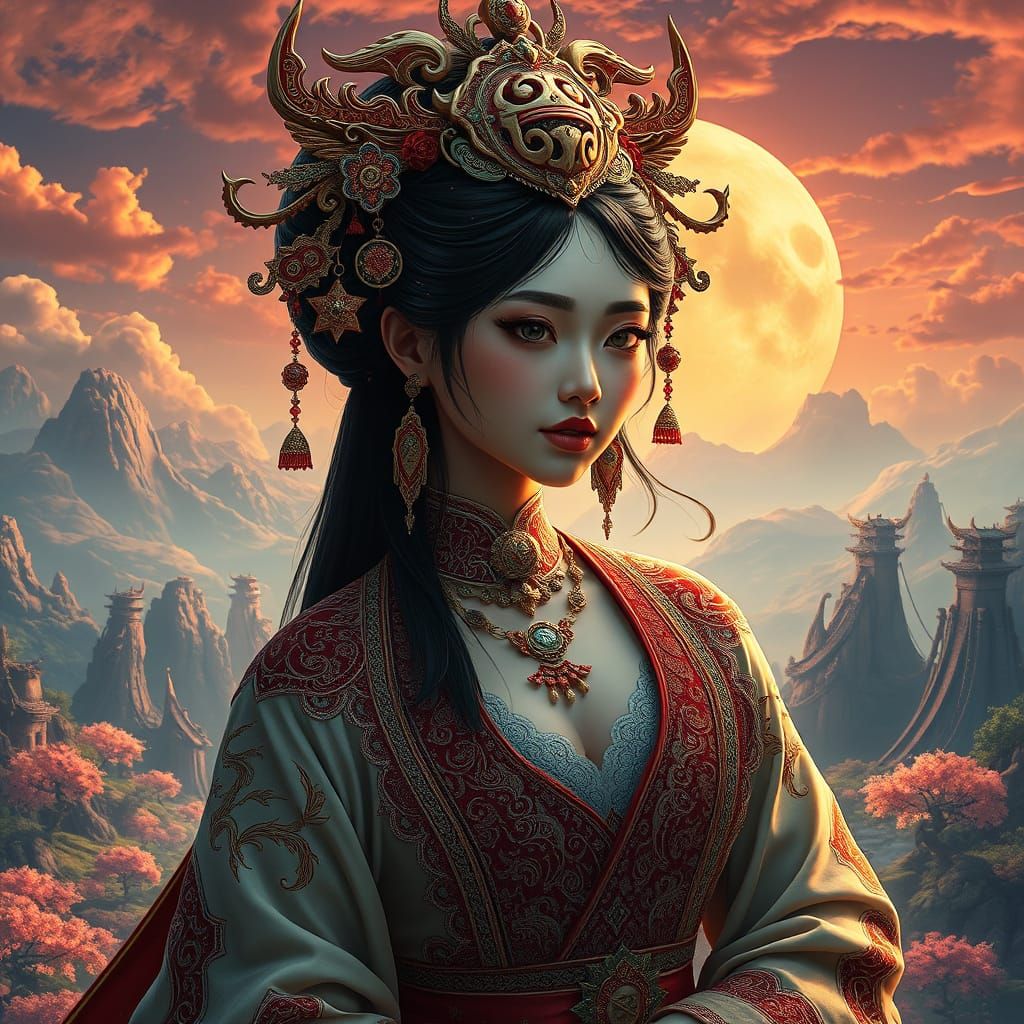Elegant Asian Woman in Mythical Fantasy Landscape