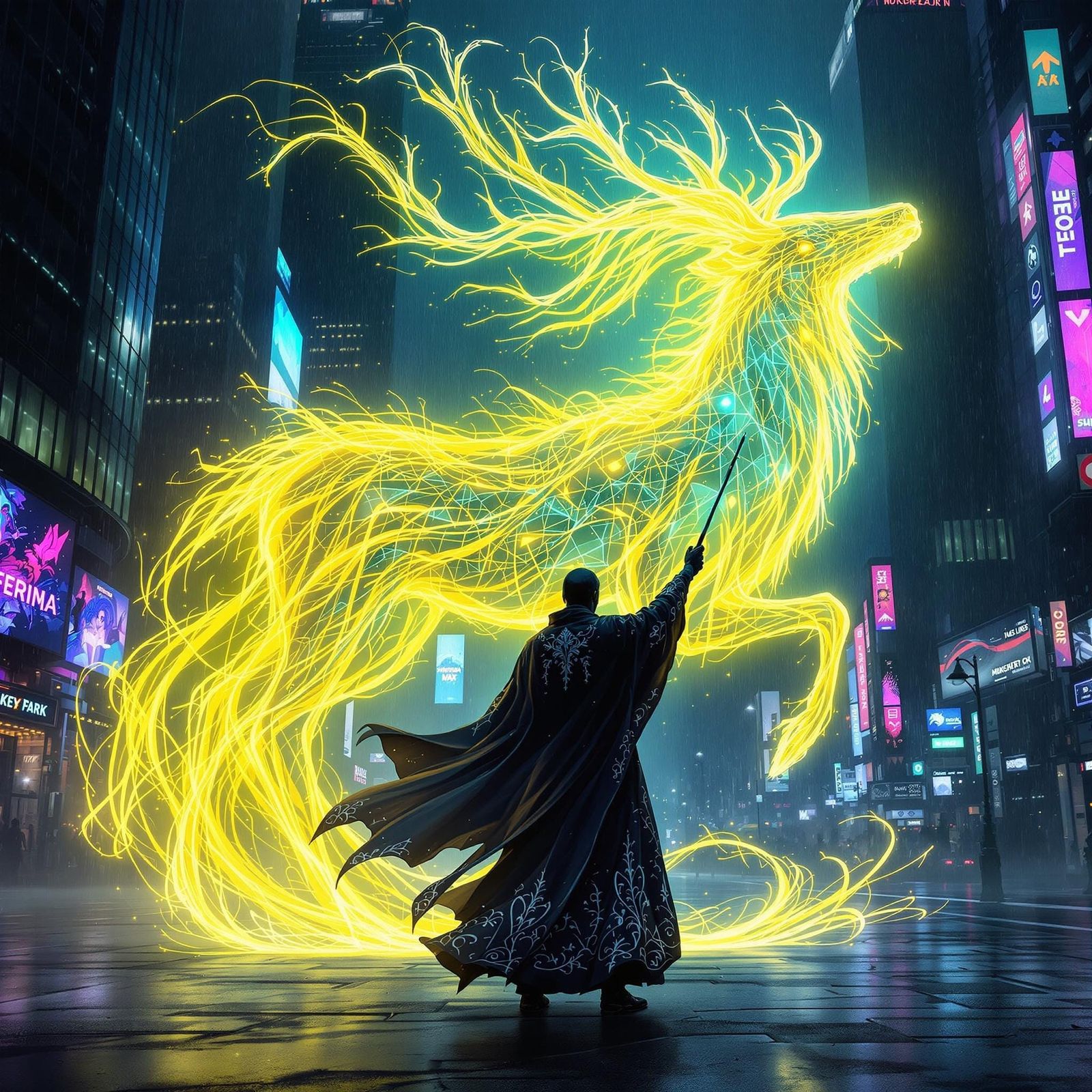 Cyberpunk Wizard Conjures Luminous Patronus in Cityscape