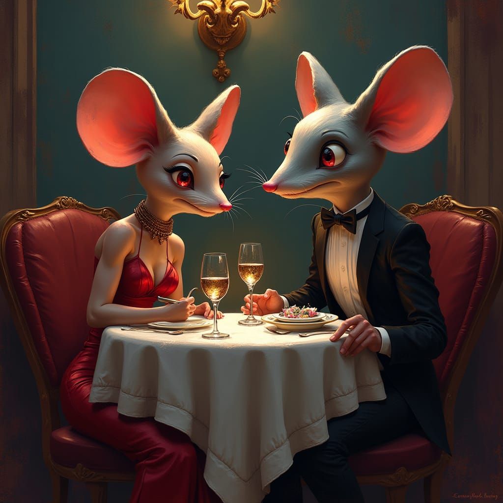 A shy blushing female mouse on a date with a male mouse in a fancy restaurant. Gritty industrial textures, blending Tim ...