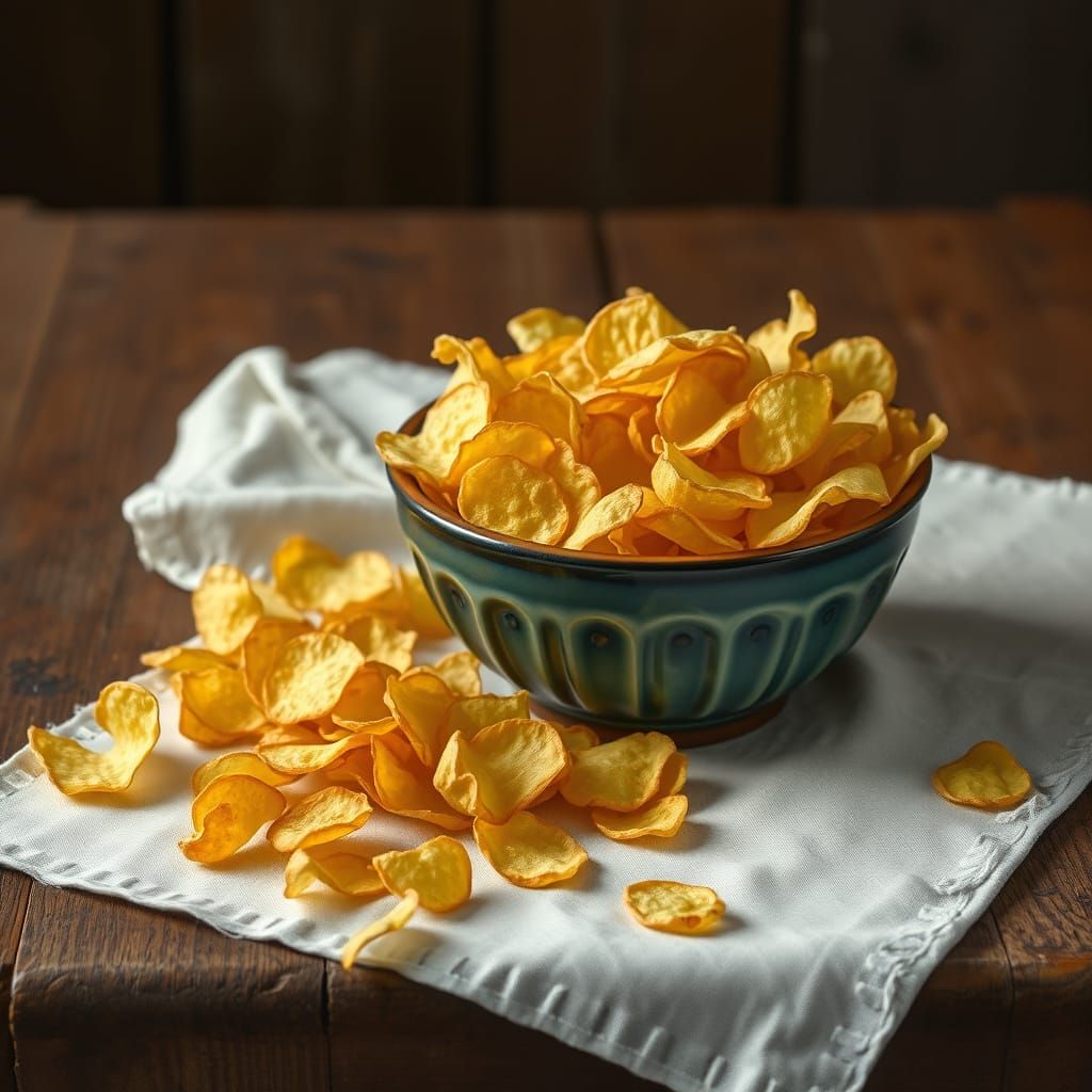 Golden Potato Chips in Warm, Rustic Still Life