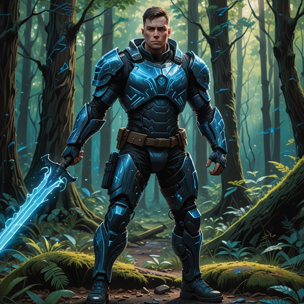 Cyber Warrior in a Bioluminescent Forest
