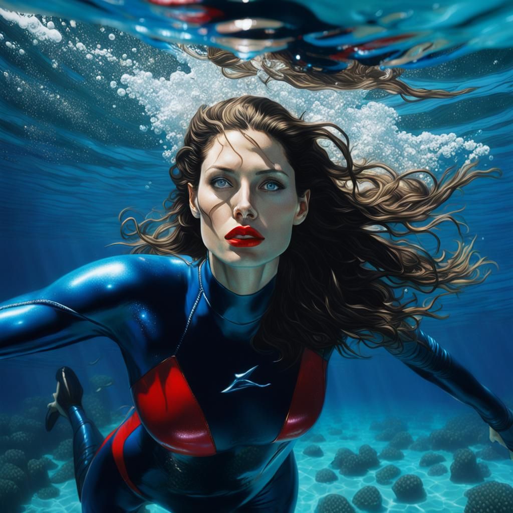 Laetitia Casta Snorkelling in Hyperrealistic Splash Art