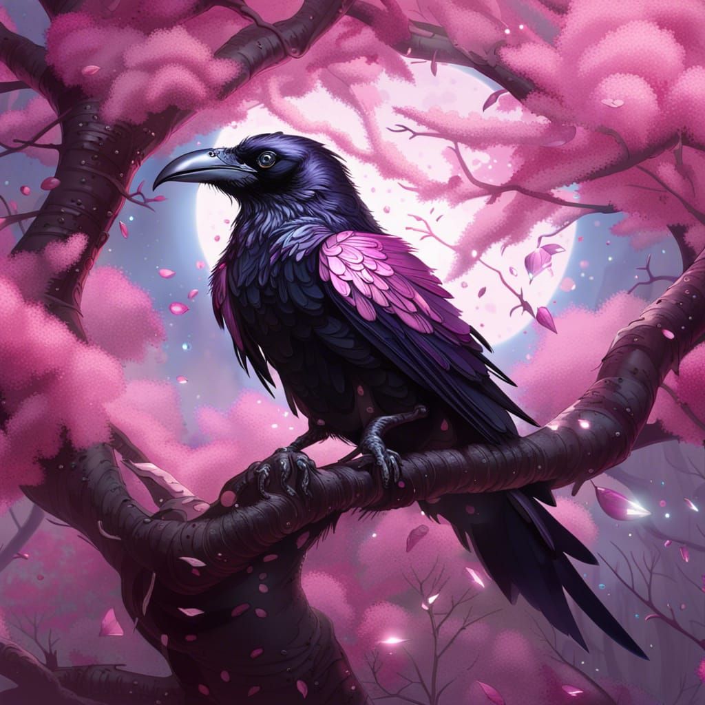 Diamond Pink Raven on Cherry Blossom Tree