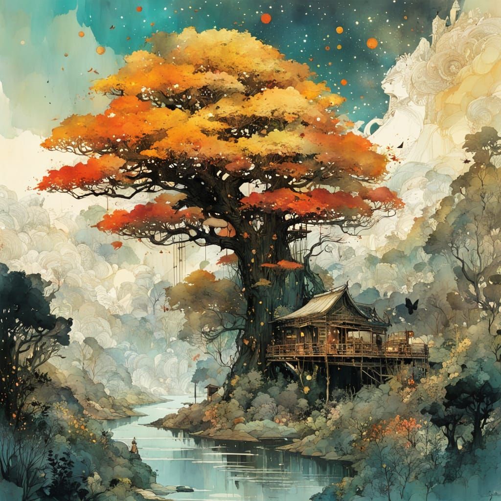 Watercolor Paradise World With Galaxies And Golden Trees