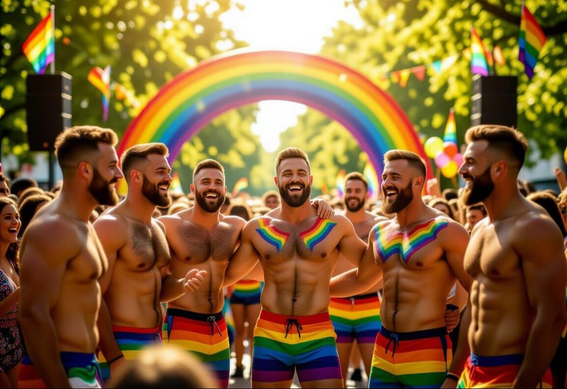 Pride Celebration: Shirtless Men Dancing in Rainbow Park