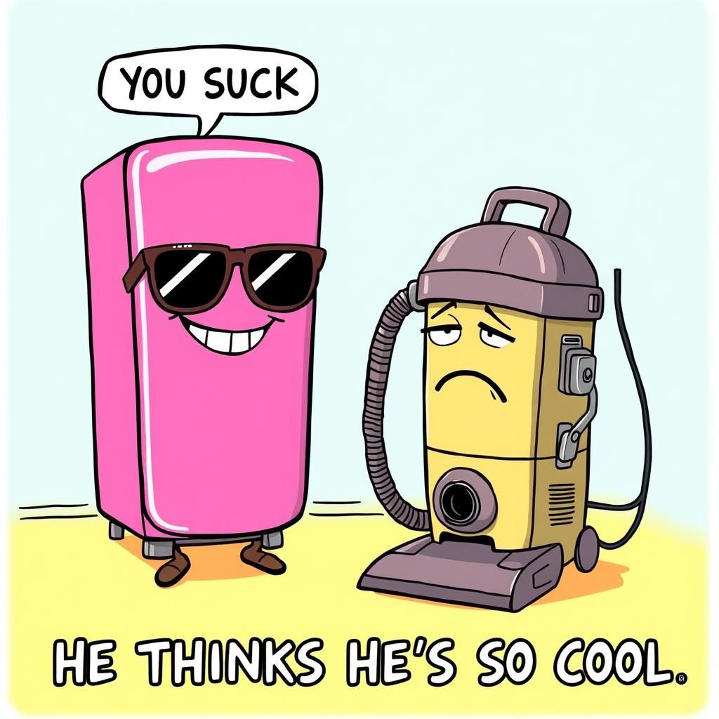 Cartoon Fridge Insults Vacuum Cleaner in Comic Style
