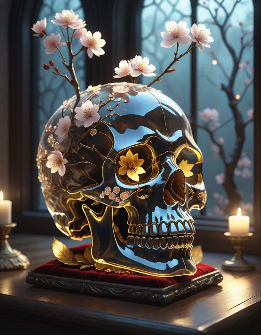 Hyperrealistic Crystal Skull in Cherry Blossom Glory