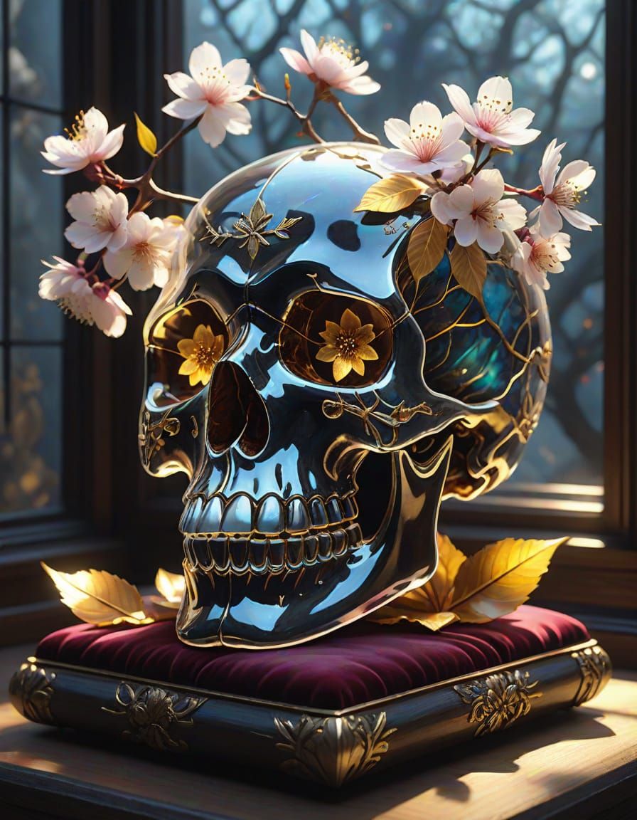Crystal Skull Among Cherry Blossom Glowing Crystals