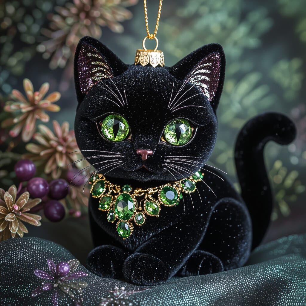 Whimsical Black Cat Ornament with Gemstone Eyes